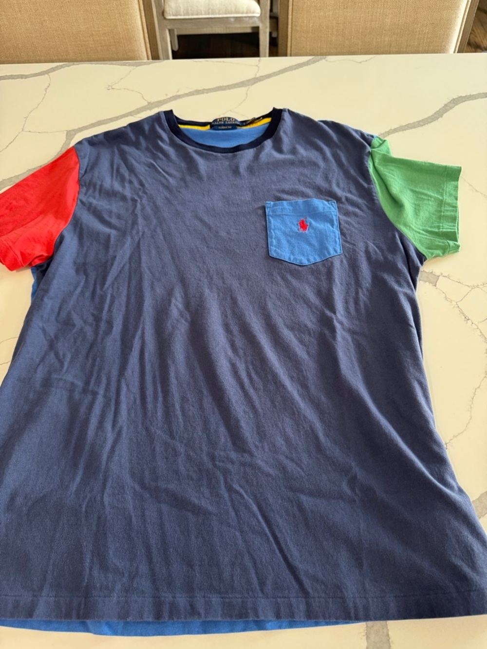 Polo by Ralph Lauren Navy Tee with Red and Green Colorblock Sleeves